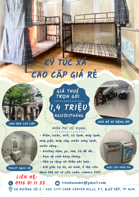Ký túc xá cao cấp giá rẻ Gò Vấp, gần ĐH Công Nghiệp Tp HCM, Giờ tự do, trọn gói 1,4 triệu