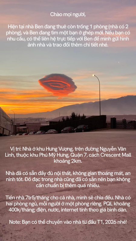 Tìm bạn ở ghép chung cư Hưng Vượng 1 quận 7