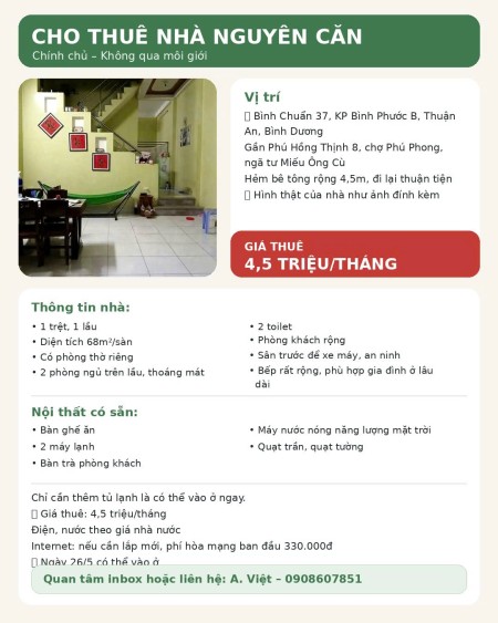 Nhà cho thuê gần ngã tư miếu ông Cù