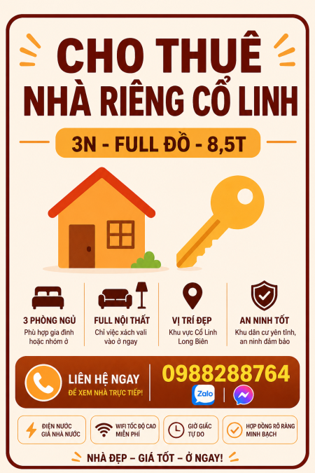 CHO THUÊ LONG BIÊN – 3N -FULL ĐỒ – 300m ra AEON . 8,5t