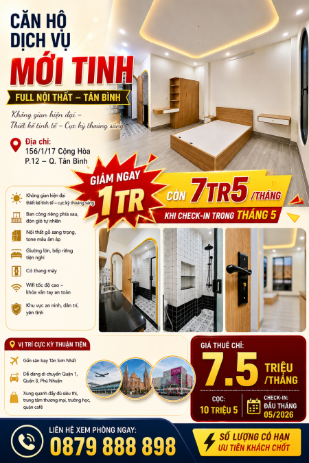 CĂN HỘ DỊCH VỤ MỚI TINH – FULL NỘI THẤT – TÂN BÌNH