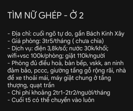 TÌM NỮ Ở GHÉP - BÁCH KINH XÂY - CHỈ Ở 2