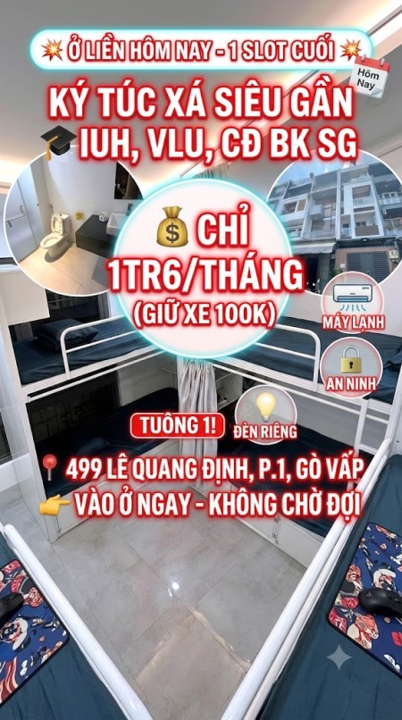  KÝ TÚC XÁ CAO CẤP - NGAY ĐH VĂN LANG (VLU) CS3 (ĐẶNG THÙY TRÂM) 30M - PHÒNG 6-8 NGƯỜI