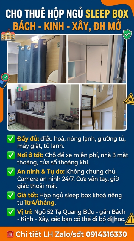Cho thuê hộp ngủ sleep box Bách - Kinh - Xây, ĐH Mở, Hai Bà Trưng