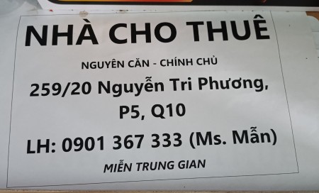 Cho thuê nhà nguyên căn hẻm xe hơi Quận 10Gần trường đại học kinh tế UEH