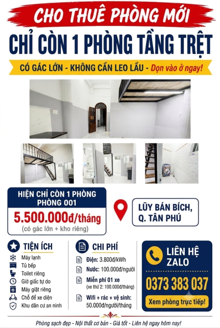 Cho thuê phòng trệt - gác Lũy Bán Bích