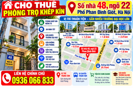 Cho thuê phòng trọ khép kín tại số nhà 48 ngõ 22 phố Phan Đình Giót, Hà Nội