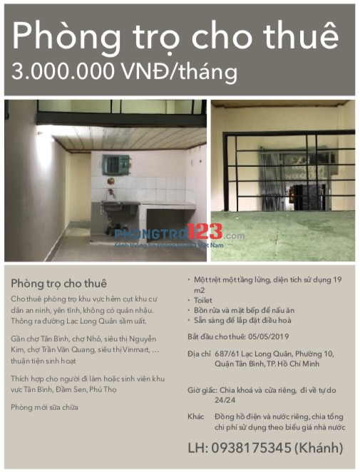 Phòng trọ mới 19m2 Lạc Long Quân, P.10, Q.Tân Bình