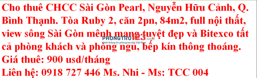 Căn hộ 2PN - Sai Gon Pearl - Liền kề Vinhome Central Park