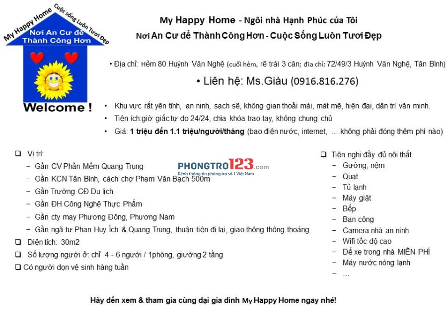 KTX Happy Home giường tầng Gò Vấp, tiện nghi đầy đủ 1tr-1.1 tr/tháng