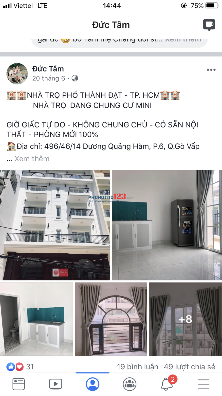 Phòng mặt tiền 50m2, có máy lạnh, tiện kinh doanh nhỏ. 496/46/14 Dương Quảng Hàm