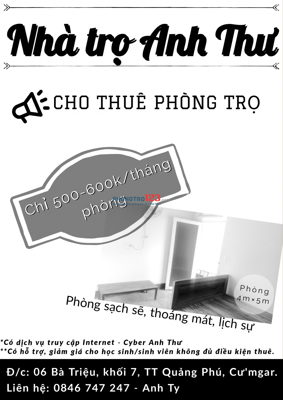 Cho thuê phòng trọ giá rẻ tại Thị trấn Quảng Phú