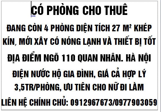 Cho Thuê phòng để ở phường Nhân Chính, Quận Thanh Xuân, Hà Nội