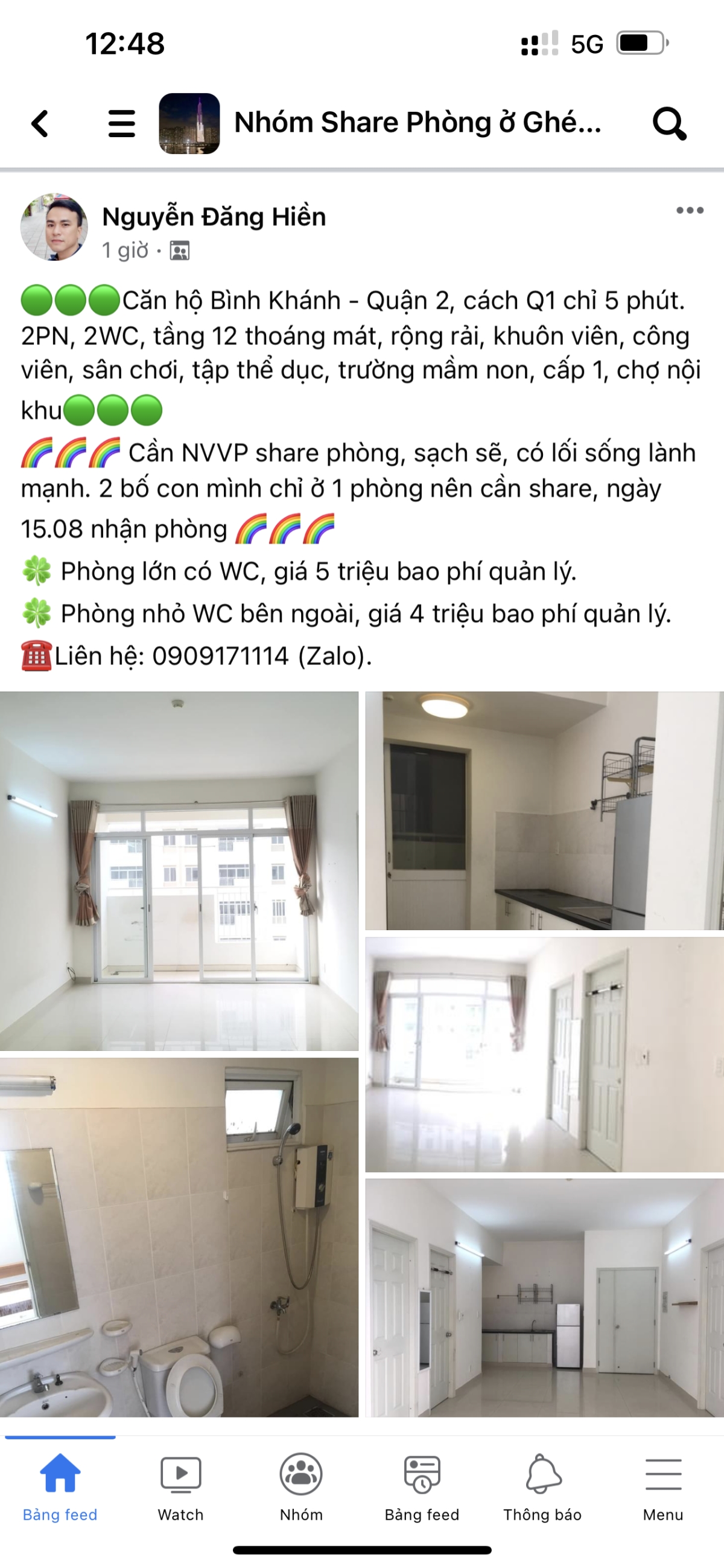 Tìm người share chung cư Bình Khánh 2PN, 2WC, giá 4 triệu.