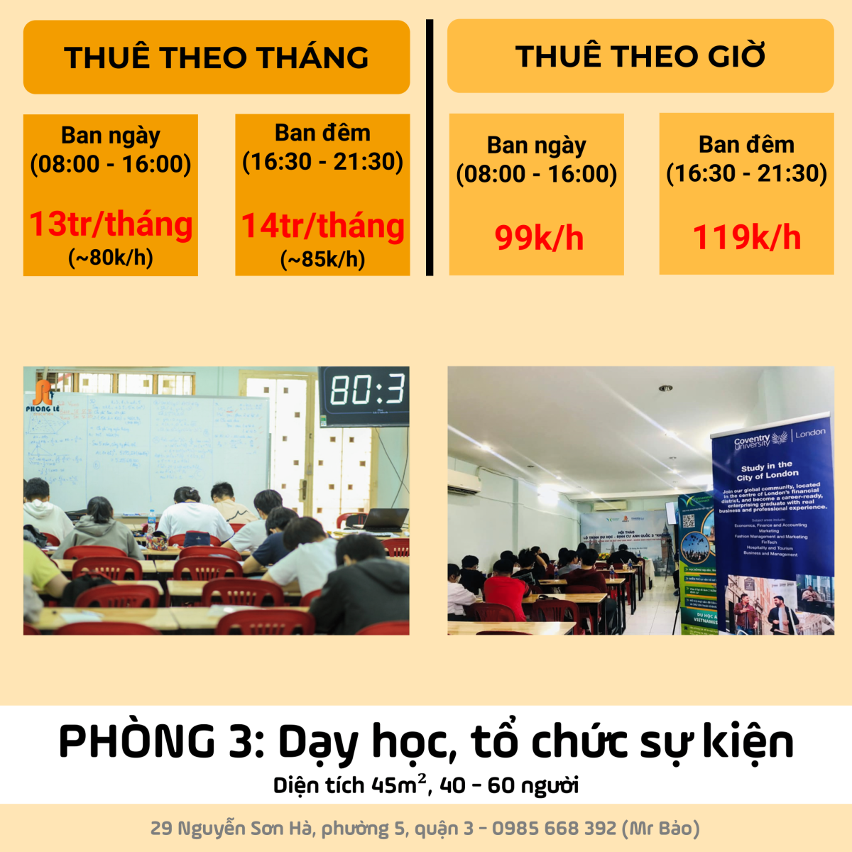 Cho thuê phòng dạy học, học nhóm, tổ chức sự kiện ngay Nguyễn Sơn Hà, Phường 5, Quận 3
