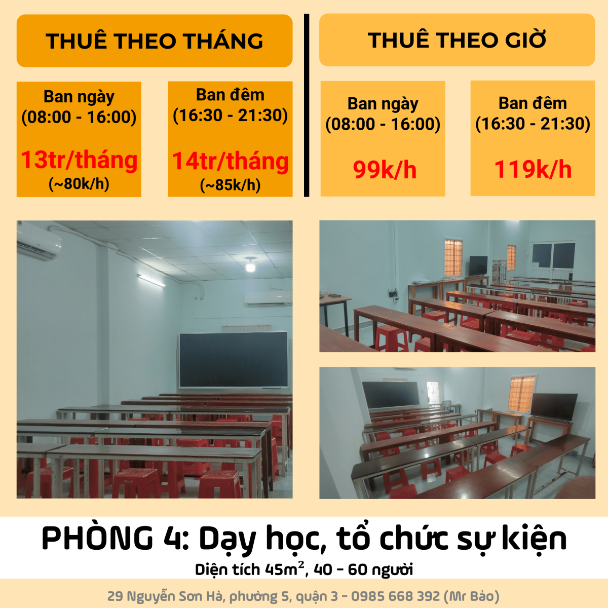 Cho thuê phòng dạy học, học nhóm, tổ chức sự kiện ngay Nguyễn Sơn Hà, Phường 5, Quận 3