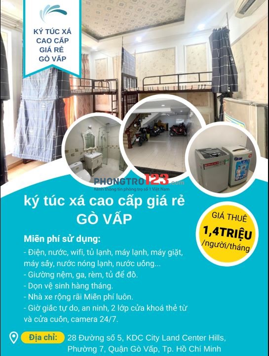 KÝ TÚC XÁ cao cấp giá rẻ 1,4 triệu, gần ĐH Công Nghiệp TpHCM, Gò Vấp, đầy đủ tiện ích