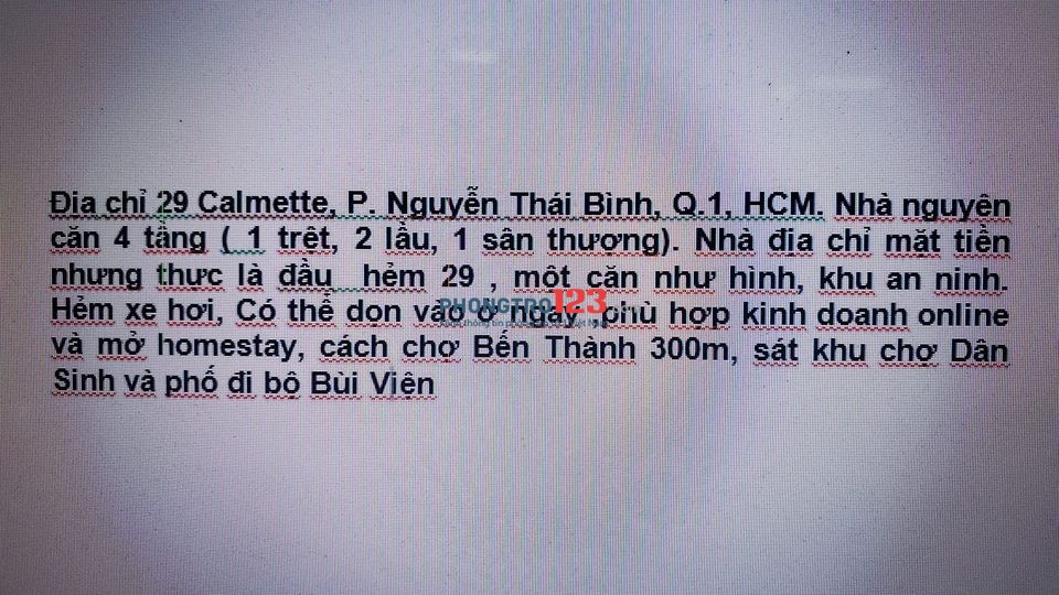Cho thuê nhà nguyên căn tại số 29 Camette, phường Nguyễn Thái Binh, Q1
