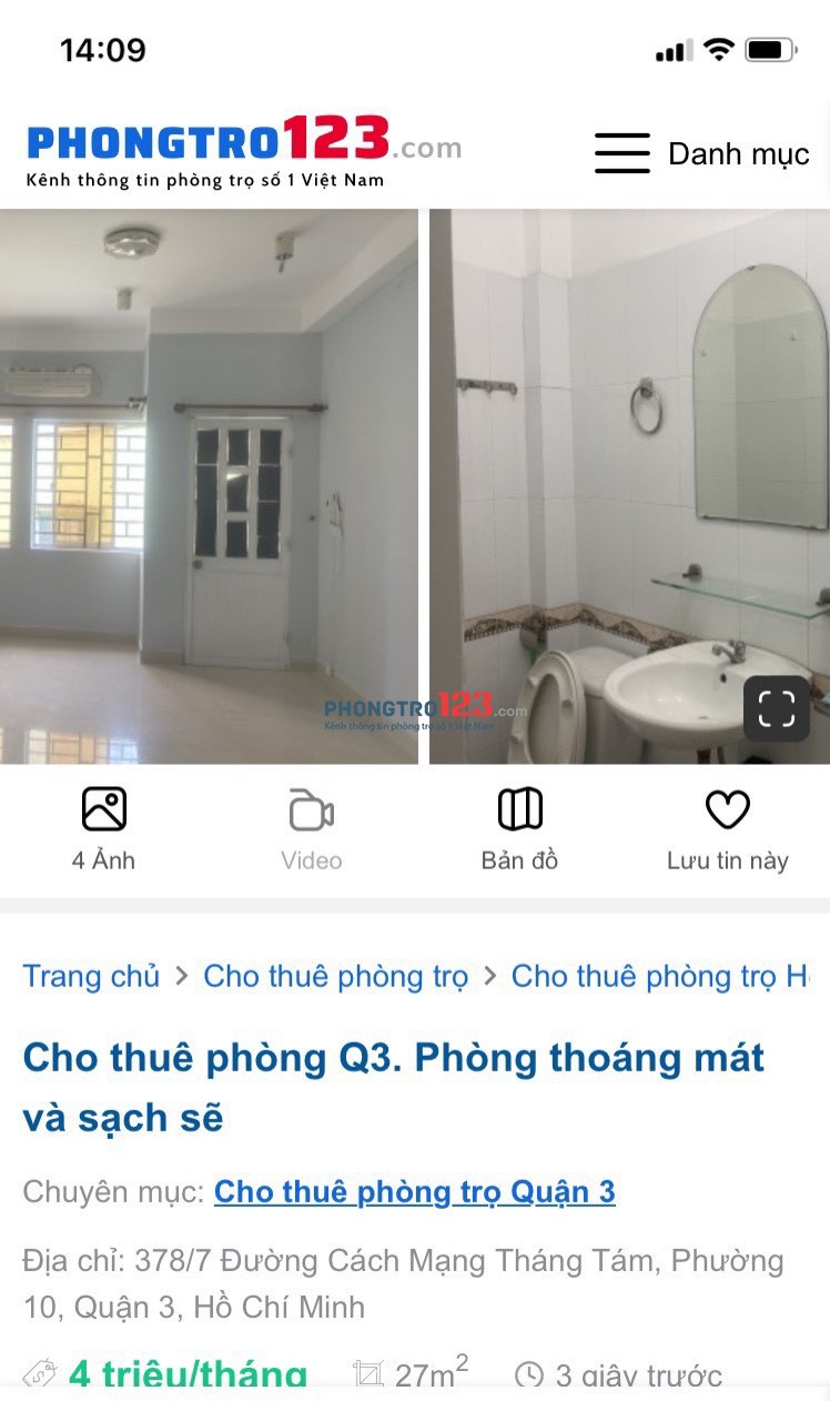 CHO THUÊ PHÒNG QUẬN 3 - THOÁNG MÁT SẠCH SẼ TOILET RIÊNG