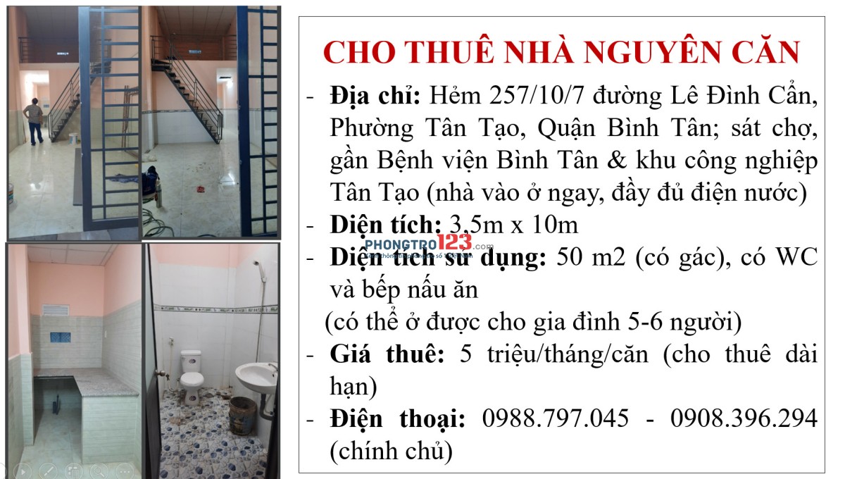 CHO THUÊ NHÀ NGUYÊN CĂN QUẬN BÌNH TÂN