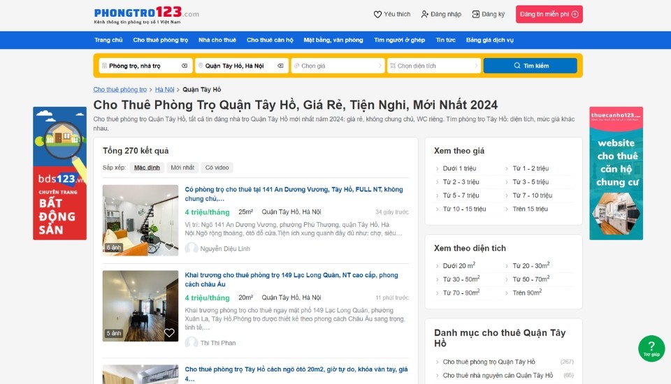 Thuê phòng trọ Quận Tây Hồ uy tín tại Phongtro123.com