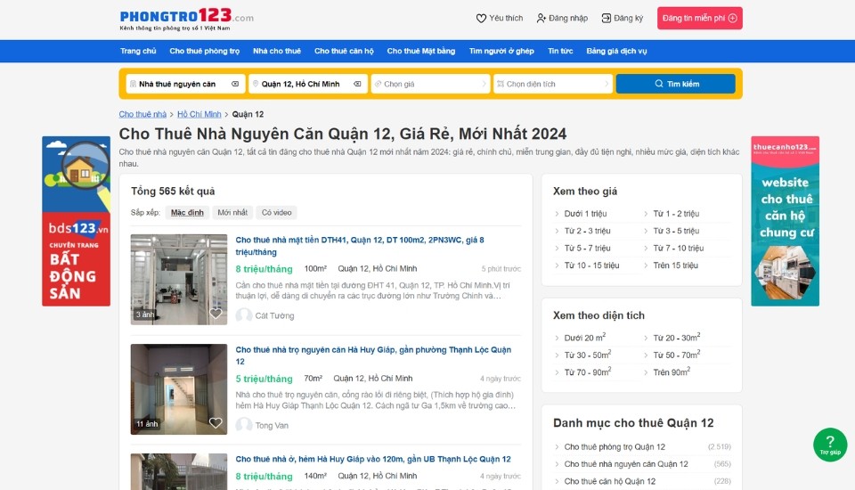 Tìm thuê nhà Quận 12 giá rẻ tại Phongtro123.com