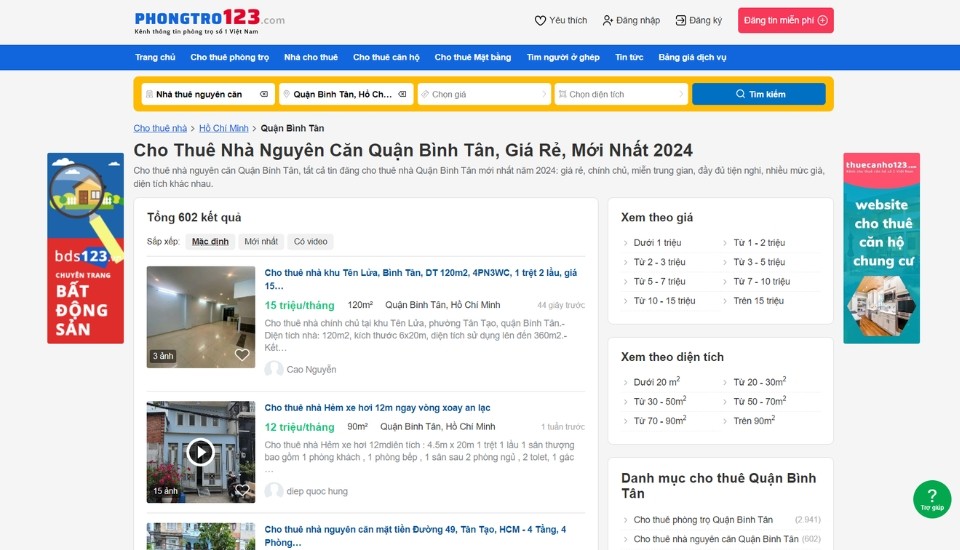 Tìm thuê nhà Quận Bình Tân giá rẻ tại Phongtro123.com