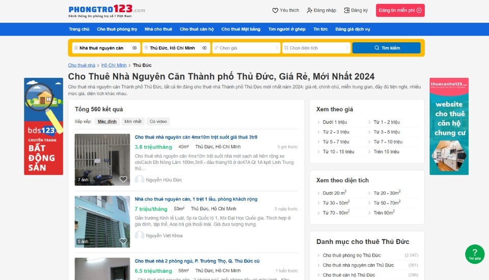 Tìm thuê nhà TP Thủ Đức giá rẻ tại Phongtro123.com