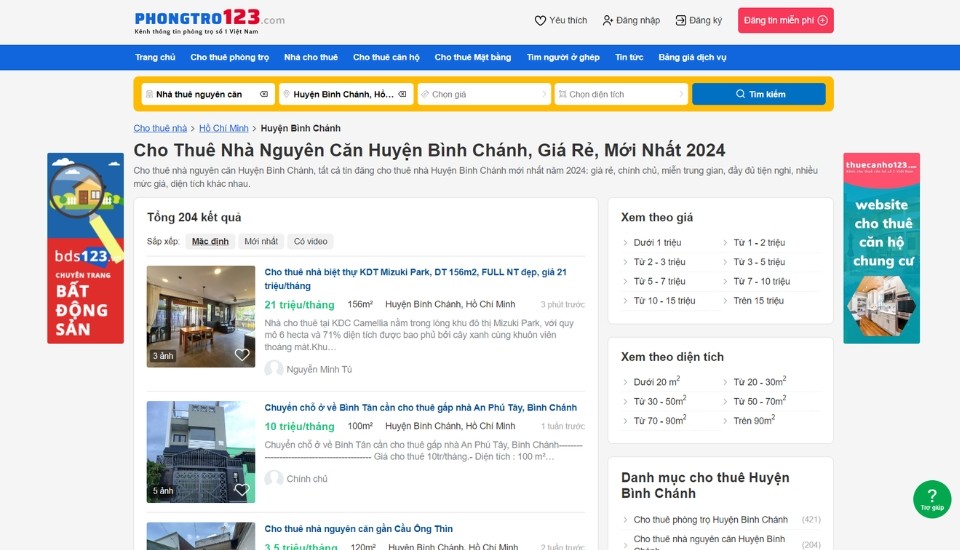 Tìm thuê nhà huyện Bình Chánh giá rẻ tại Phongtro123.com