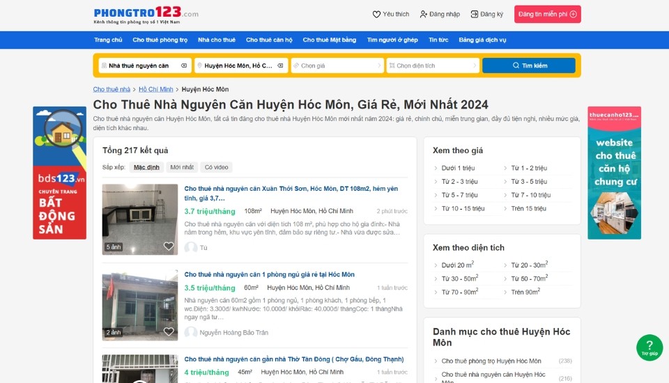 Tìm thuê nhà huyện Hóc Môn giá rẻ tại Phongtro123.com