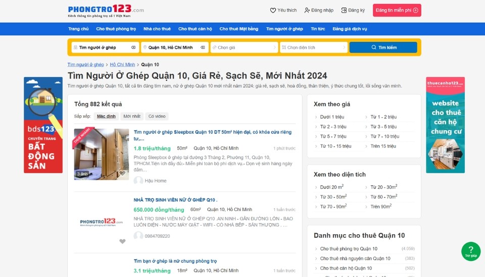 Tìm người ở ghép Quận 10 giá rẻ tại Phongtro123.com