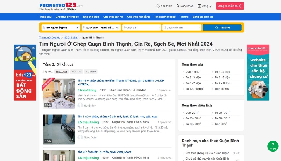 Tìm người ở ghép Bình Thạnh giá rẻ tại Phongtro123.com