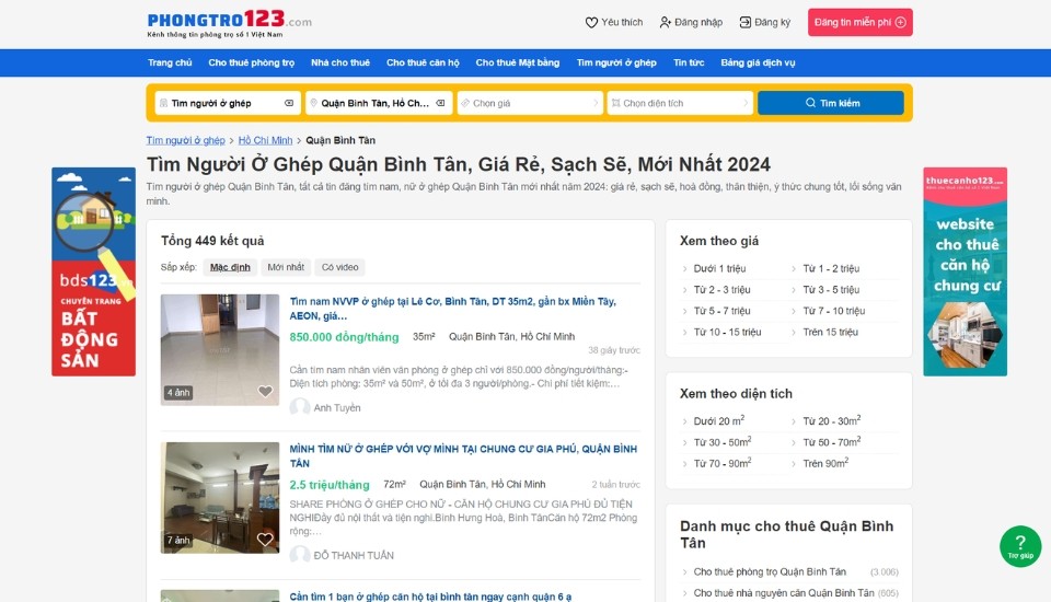 Tìm người ở ghép Bình Tân giá rẻ tại Phongtro123.com