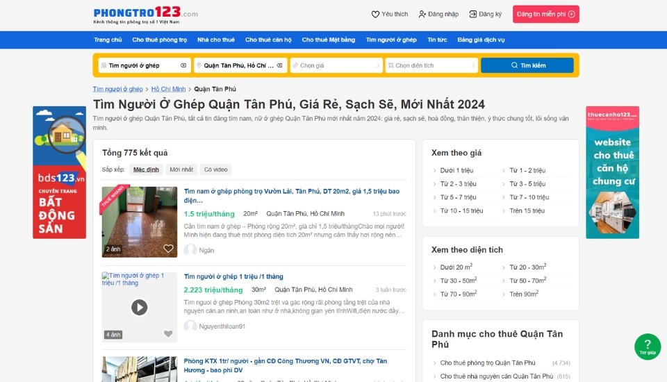 Tìm người ở ghép Tân Phú giá rẻ tại Phongtro123.com