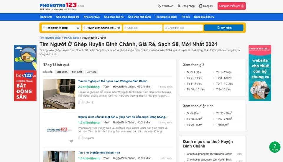 Tìm người ở ghép Bình Chánh uy tín tại Phongtro123.com