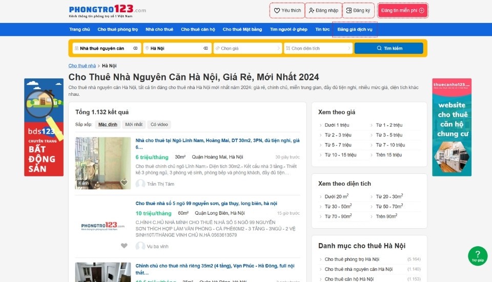 Thuê nhà riêng Hà Nội giá rẻ tại Phongtro123.com