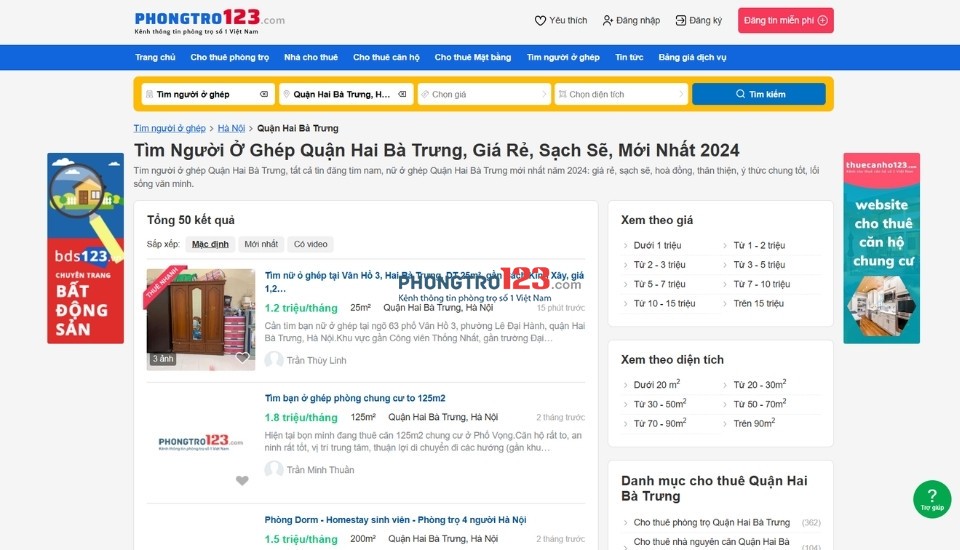 Tìm người ở ghép Hai Bà Trưng giá rẻ tại Phongtro123.com