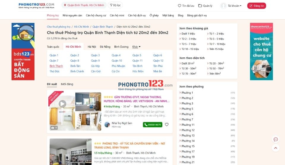 Tìm phòng trọ quận Bình Thạnh diện tích từ 20 - 30m2 tại Phongtro123.com