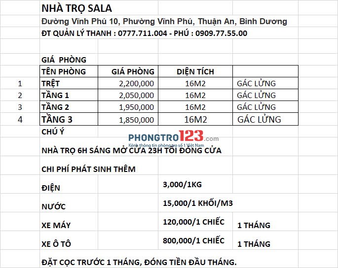 Nhà trọ SALA thoáng mát sạch đẹp, an ninh