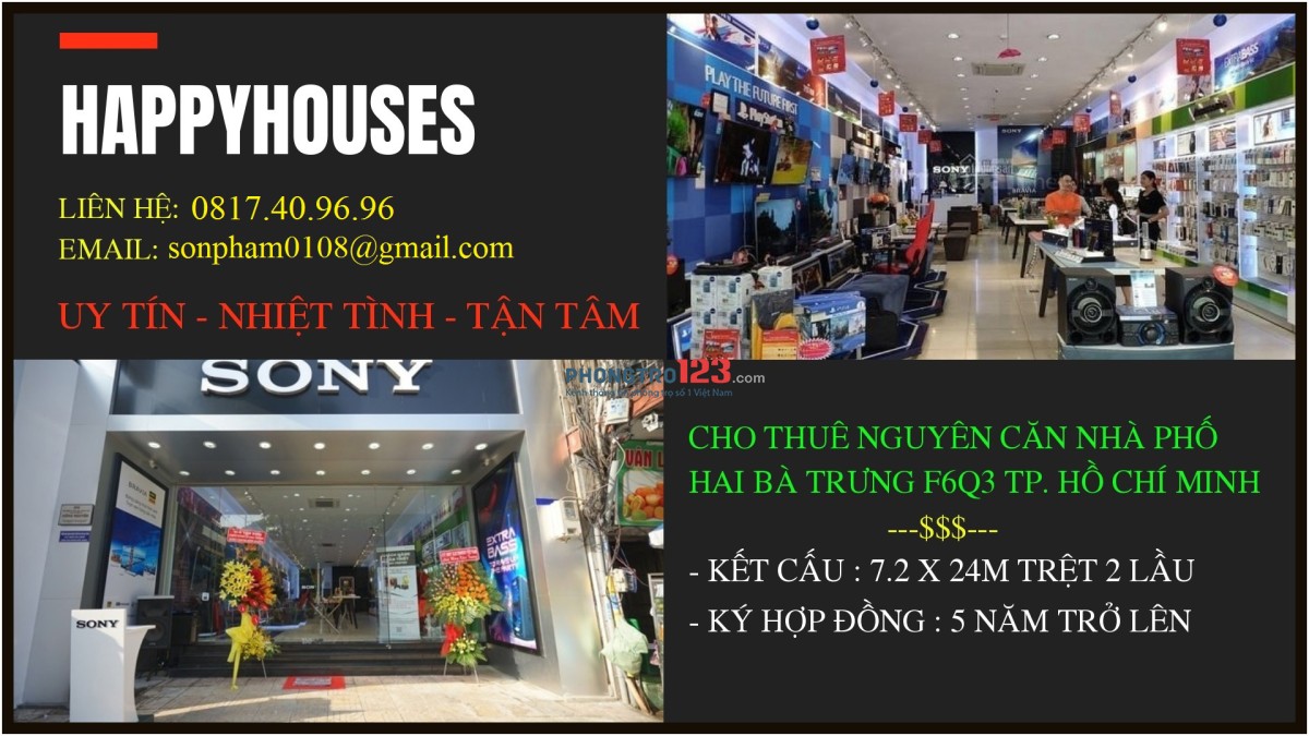 Cho thuê rẻ nguyên căn 7.2 x 24m 1 trệt 2 lầu Hai Bà Trưng Q3 TP.HCM