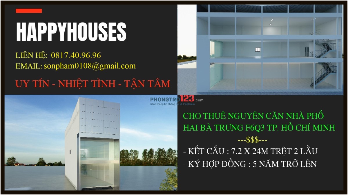 Cho thuê rẻ nguyên căn 7.2 x 24m 1 trệt 2 lầu Hai Bà Trưng Q3 TP.HCM