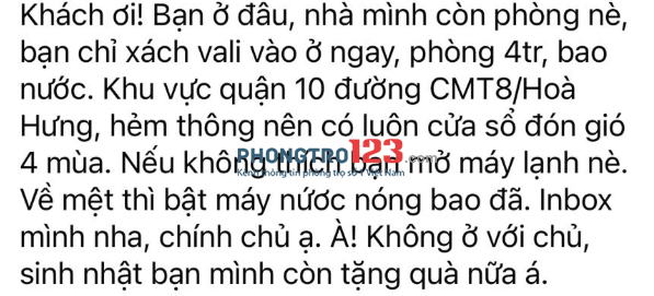 Phòng trọ quận 10 - Ngã tư Hẻm, Thông CMT8, Q10