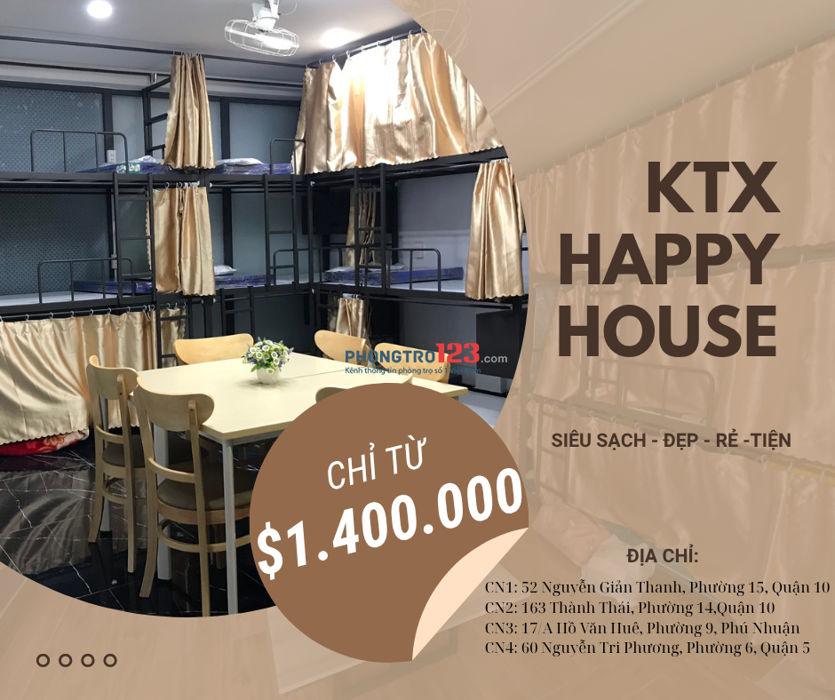 KTX Cao Cấp Happy House Giá Hạt Rẻ 1tr4/Tháng – Full Tiện Nghi – Free Điện Nước WF. Tại Phú Nhuận