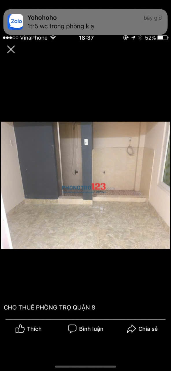 Cho thuê phòng trọ giá 1,5 triệu Q8 ngã tư An Dương Vương và Võ Văn Kiệt 0835955955 Chị Hiền