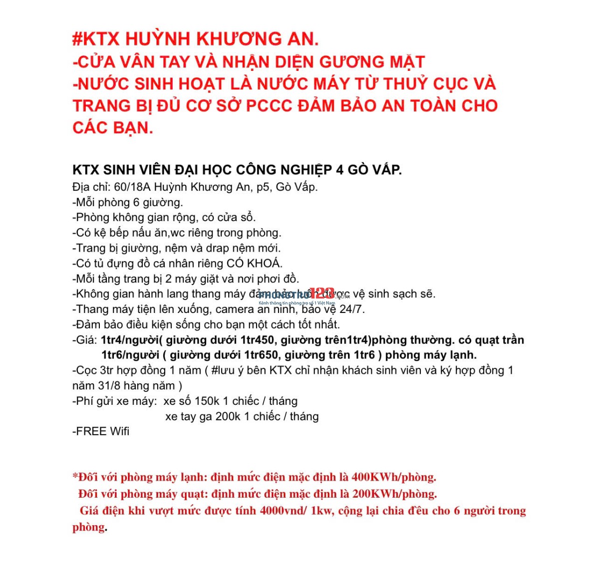 KTX HUỲNH KHUƠNG AN – Gần ĐHCN, Phòng 6 giường, Giá từ 1tr4
