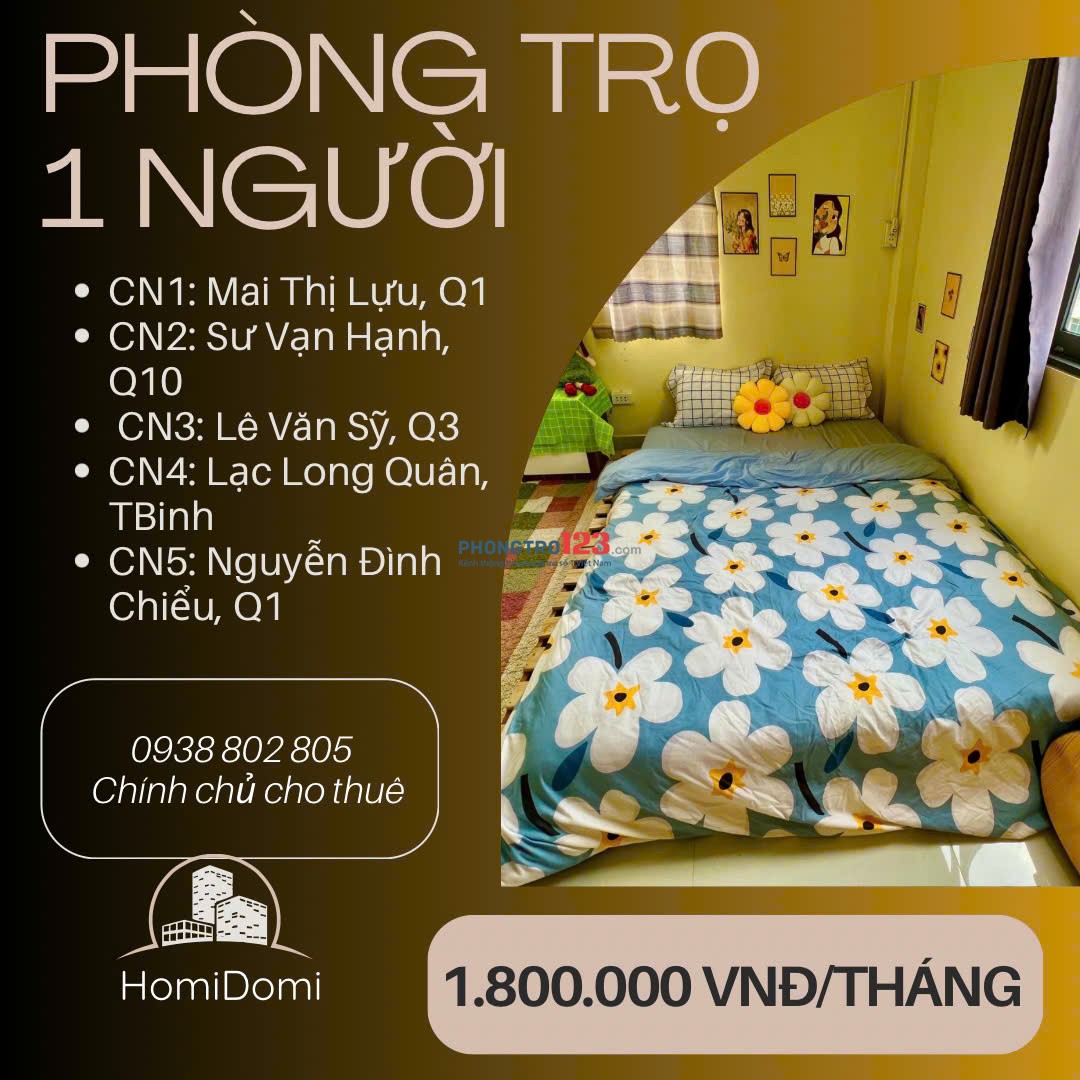 1,8TR/tháng PHÒNG TRỌ 1 NGƯỜI GẦN ĐH HUFLIT,Y KHOA PHẠM NGỌC THẠCH Q10