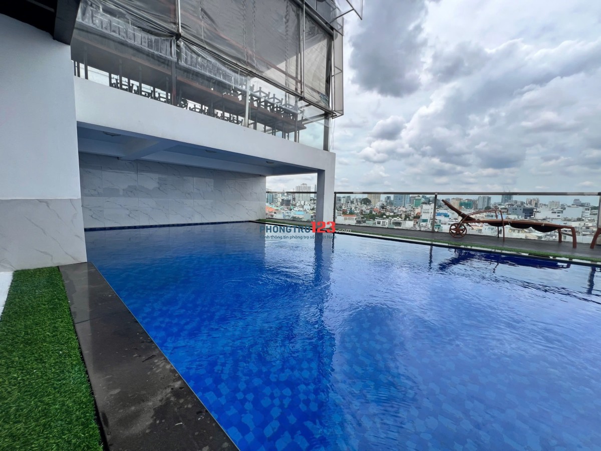 Cho thuê căn hộ 2 phòng ngủ-2wc full nội thất ban công mặt tiền view thành phố , hầm xe, thang máy