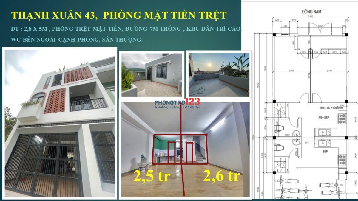 thuê phòng thạnh xuân3. Còn 2 phòng TRỆT-TX43 VIP- 2.8 * 5.3= 15M2 - TRỆT - CÓ BẾP, WC RIÊNG - 2.
