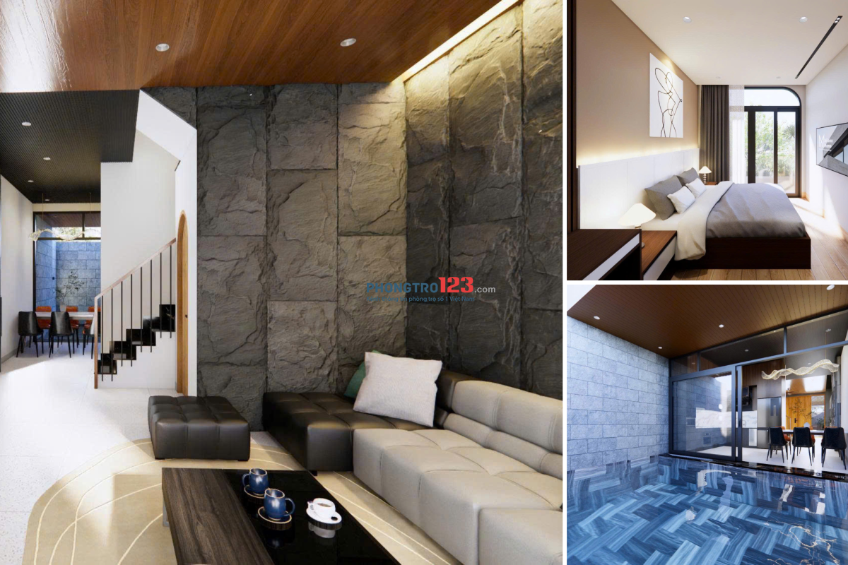 Cho thuê villa hồ bơi mới xây 4PN, giá 30tr có bếp và bồn tắm trong các phòng