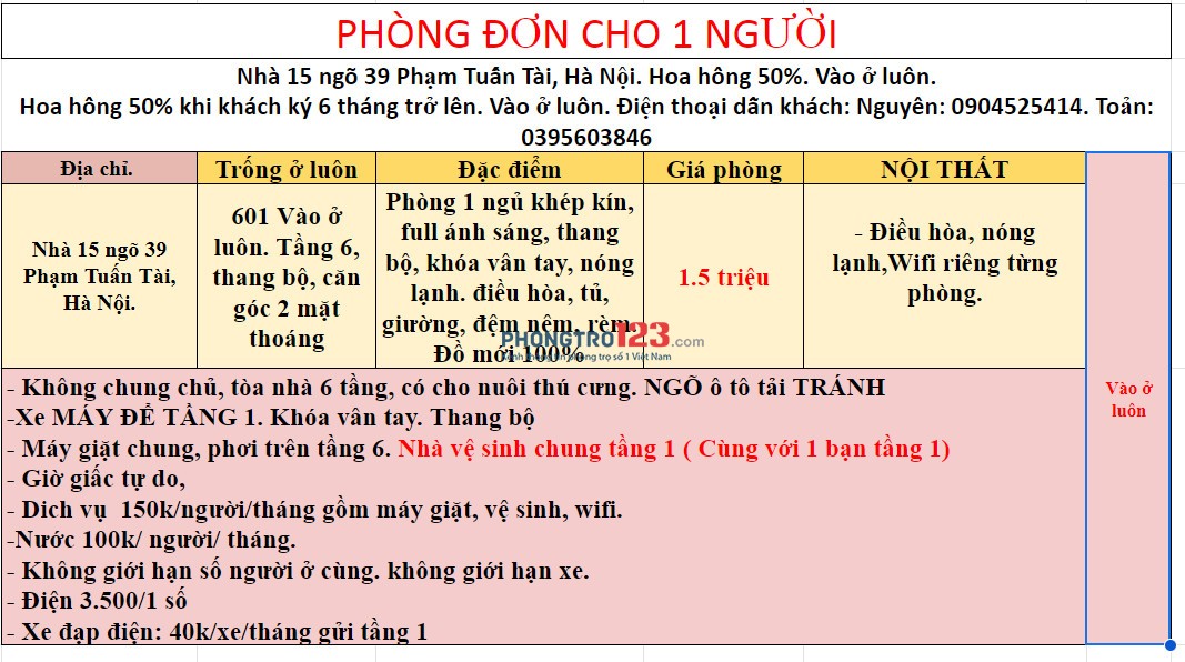 CHO THUÊ PHÒNG 1,5 TR NHÀ 15 NGÕ 39 PHẠM TUẤN TÀI – CẦU GIẤY